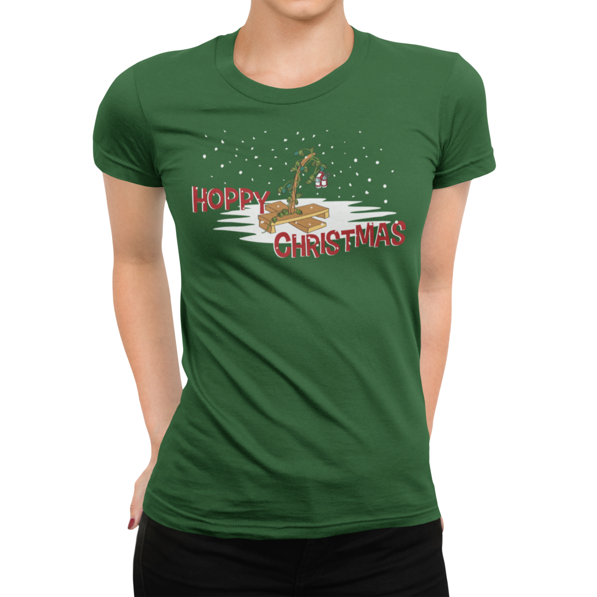Women's Christmas beer tee featuring a lone hop vine holding two pints