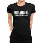 Women's black shirt with bold Hopaholic text flanked by hop cones