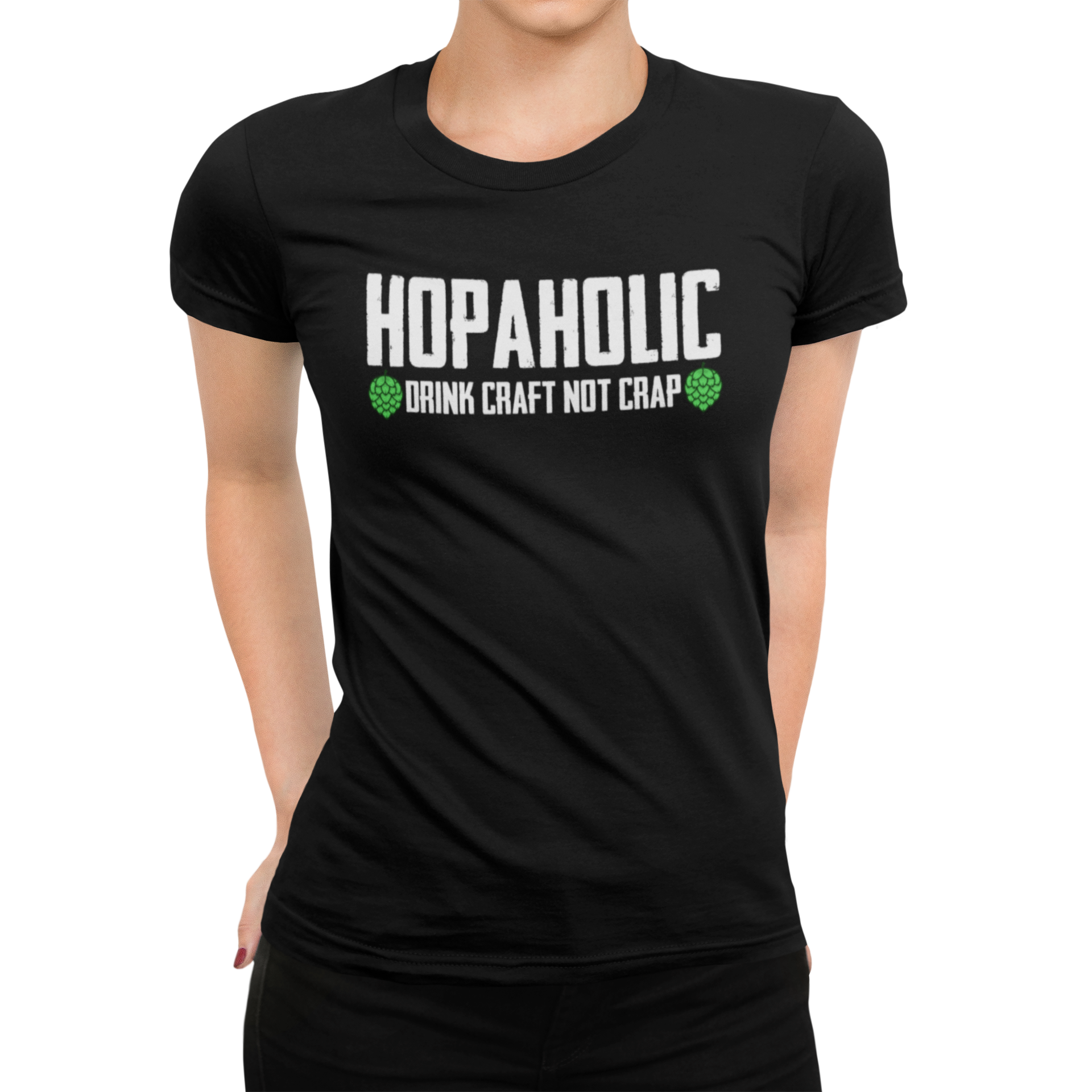 Women's black shirt with bold Hopaholic text flanked by hop cones