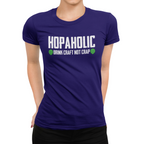 Women's blue ringspun cotton tee with hopaholic slogan and hop cone icons