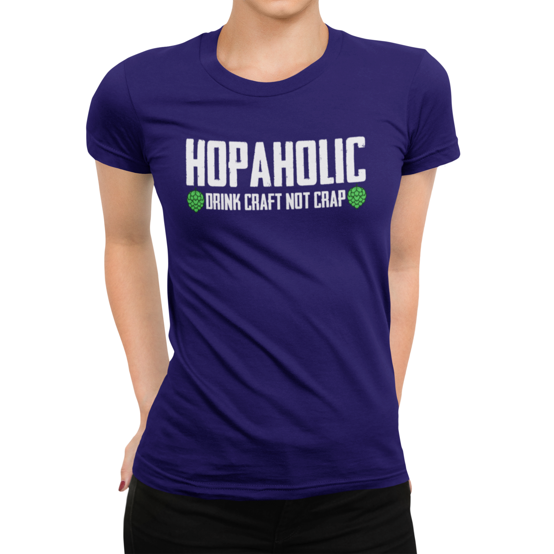 Women's blue ringspun cotton tee with hopaholic slogan and hop cone icons