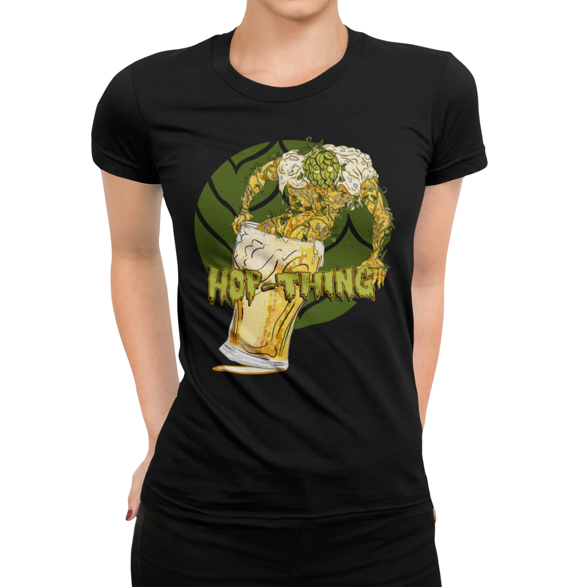 Women's black ringspun cotton tee with Hop-Thing brew creature design