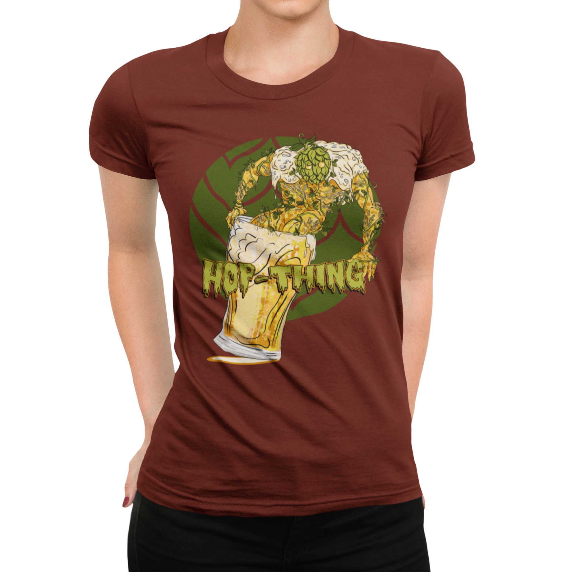 Women's swamp Thing–inspired beer shirt featuring monstrous hop emerging