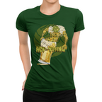 Women's green beer t-shirt with Hop-Thing crawling from pint for spooky hops