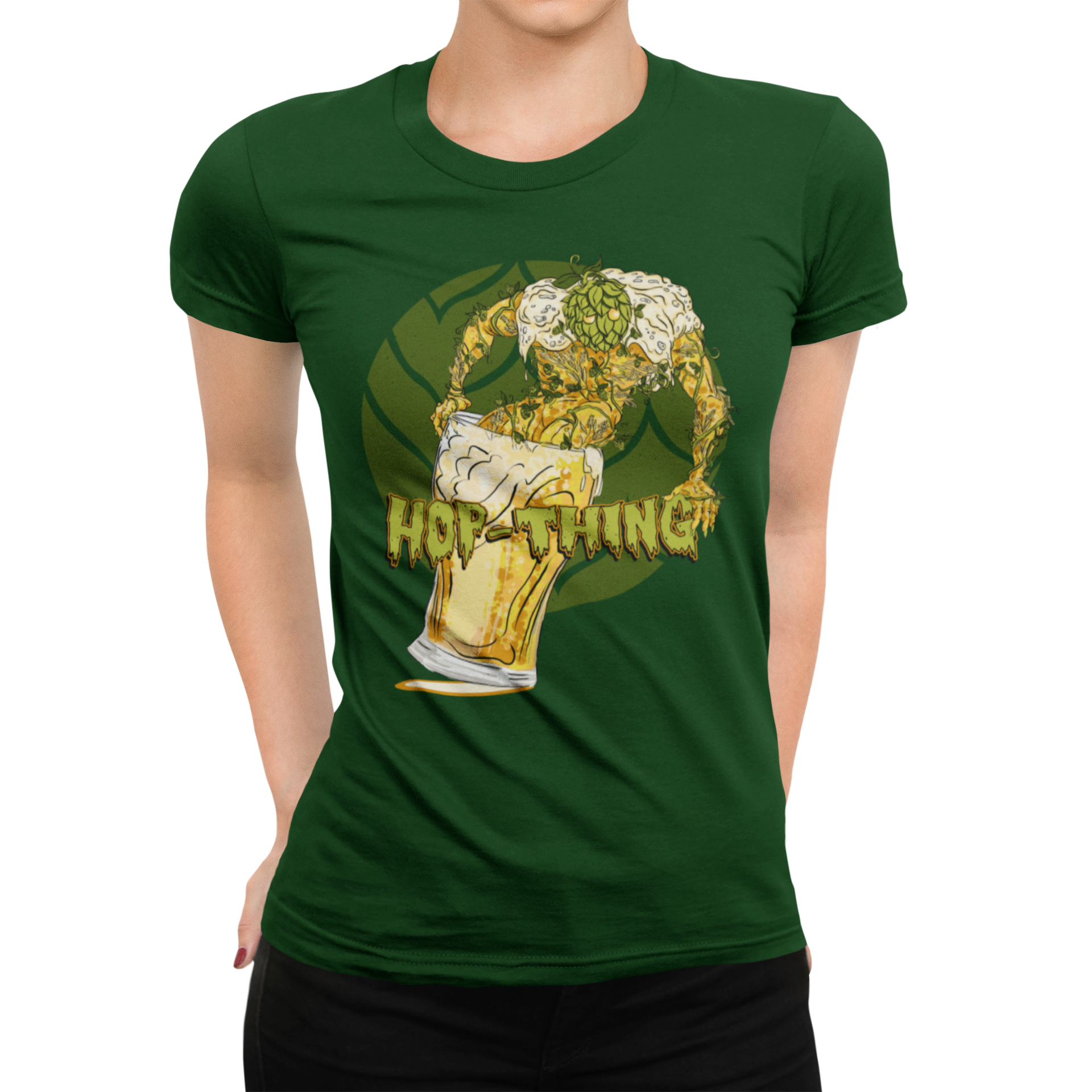 Women's green beer t-shirt with Hop-Thing crawling from pint for spooky hops