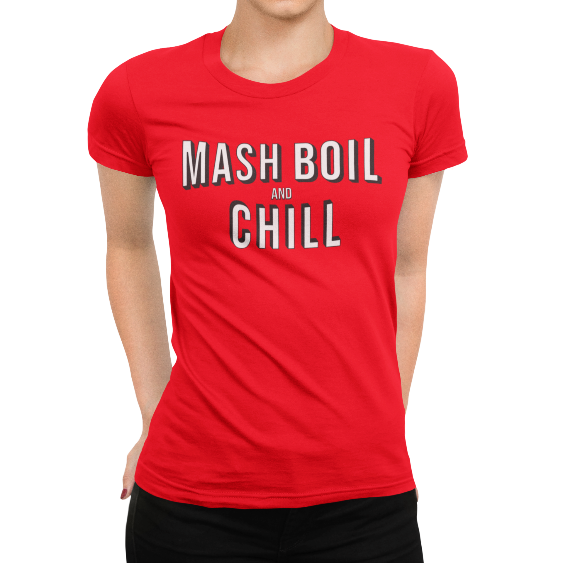 Women's short-sleeve tee for brew-day in red with white typography