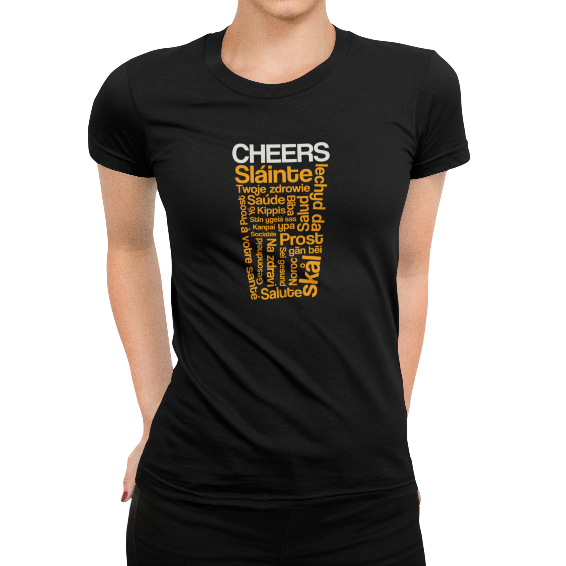 Front view of Cheers From Around the World tee in black with golden hues