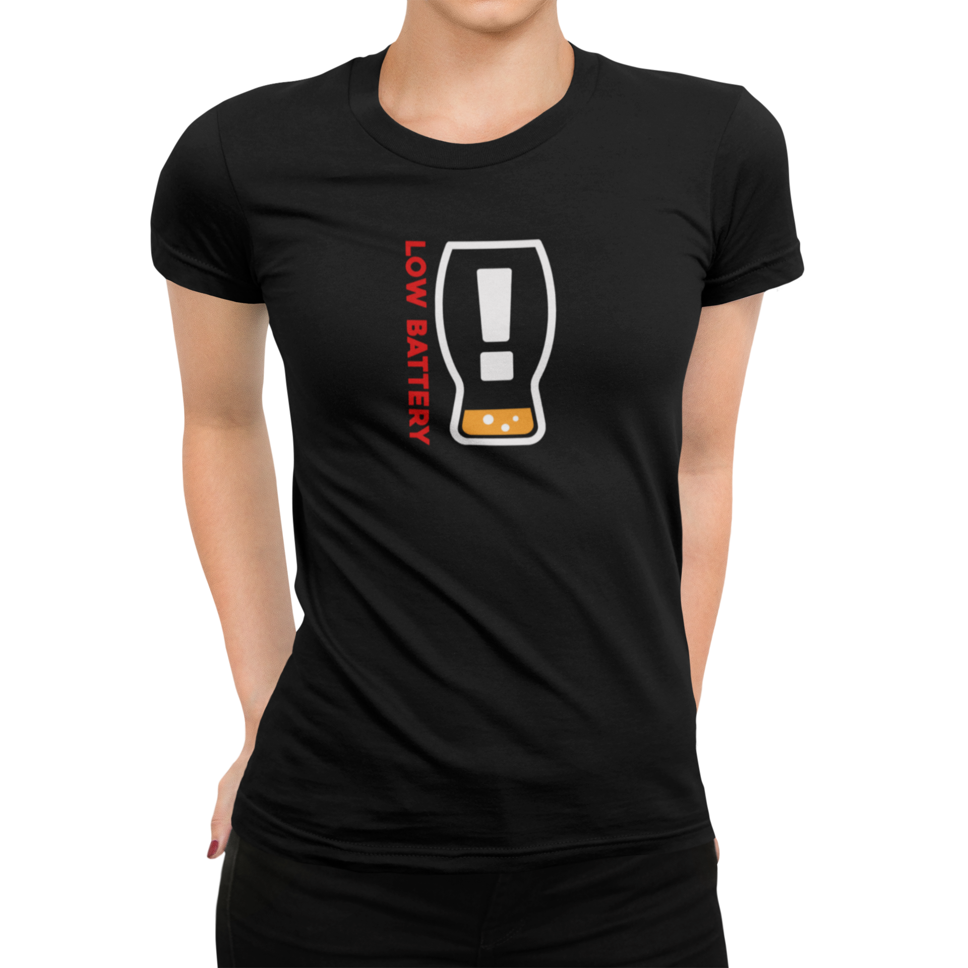 Women's soft cotton t-shirt with crisp white battery print