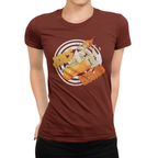 Vibrant hop and fruit illustration on brown women's tee