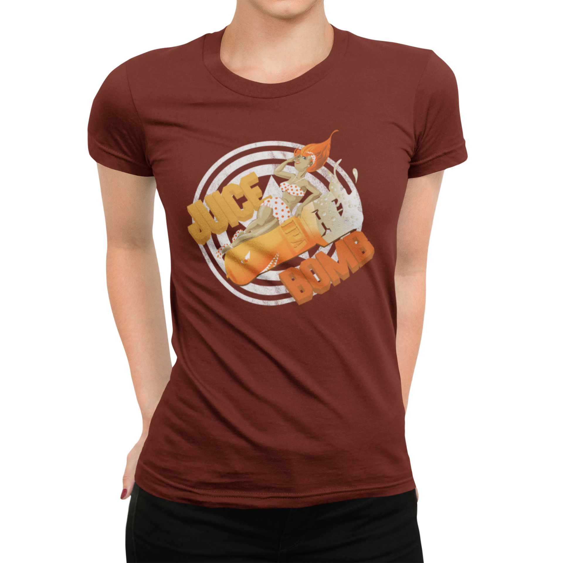 Vibrant hop and fruit illustration on brown women's tee