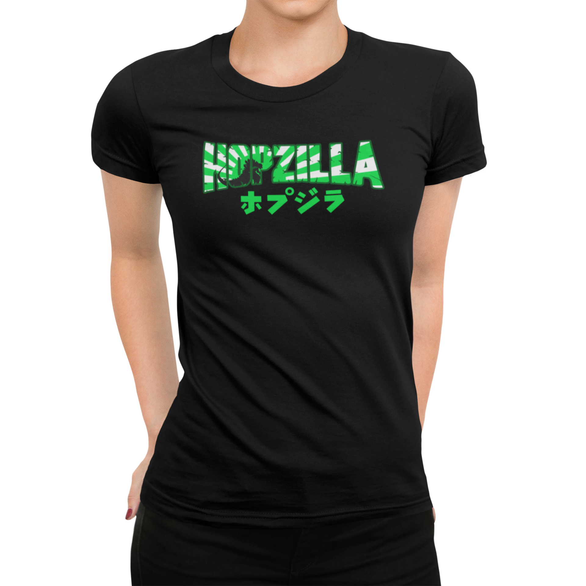 Hopzilla on black women's ringspun cotton tee
