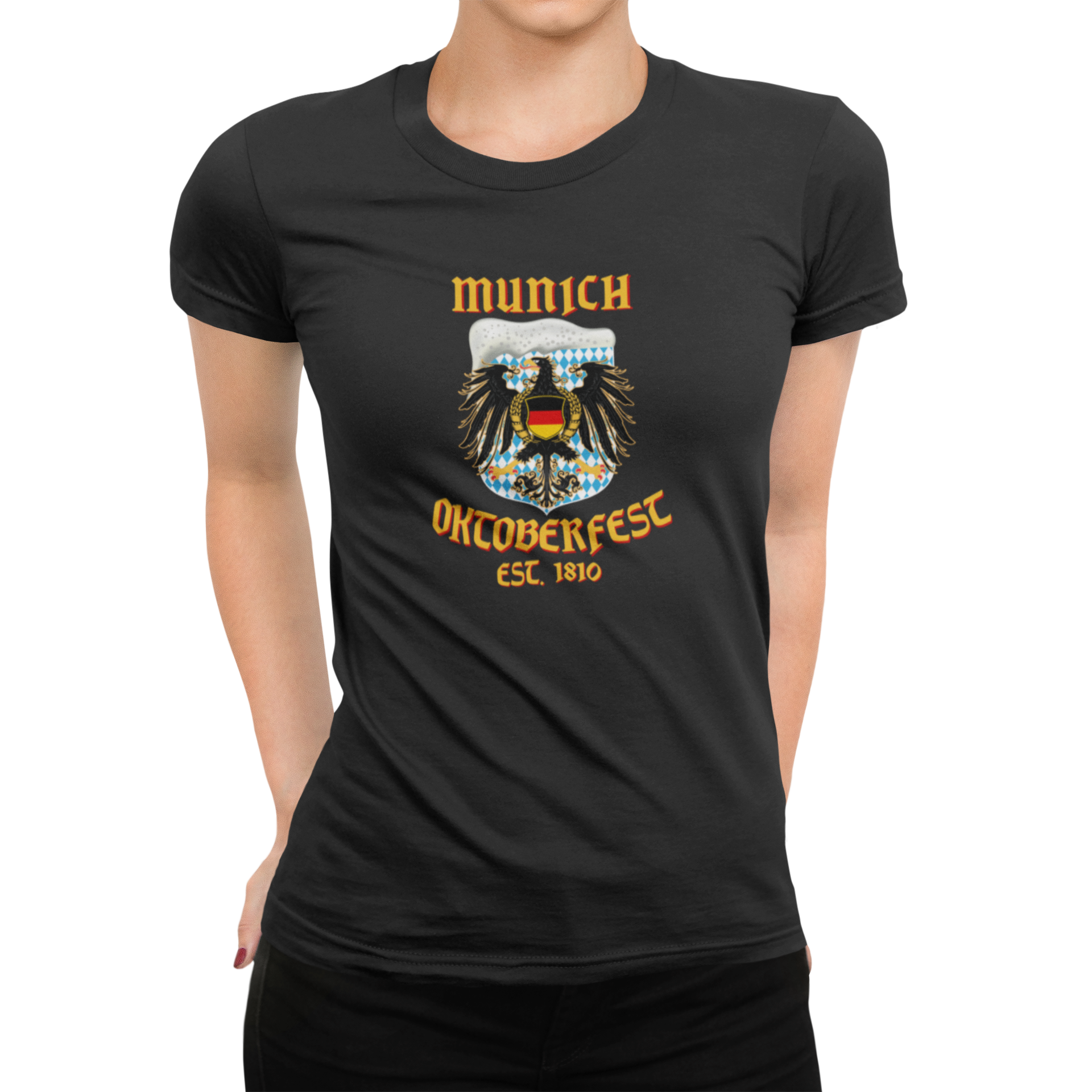 Front view of Munich Oktoberfest eagle and foam logo on women's shirt.