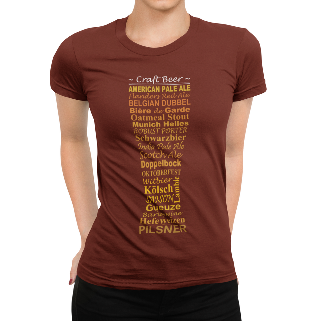 Golden beer font forming pilsner glass on brown unisex shirt