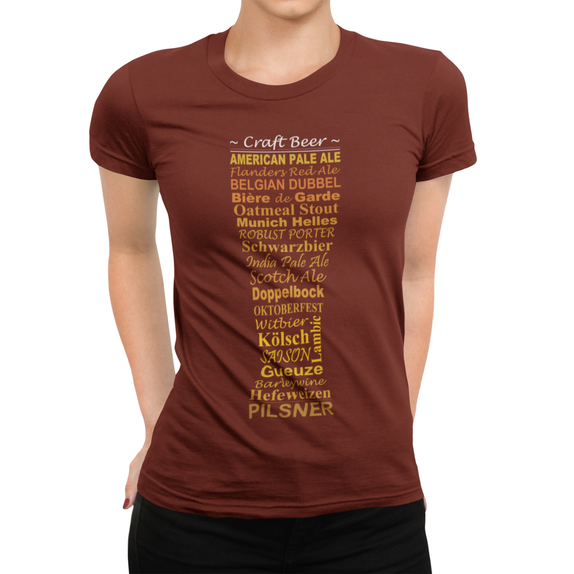 Golden beer font forming pilsner glass on brown unisex shirt