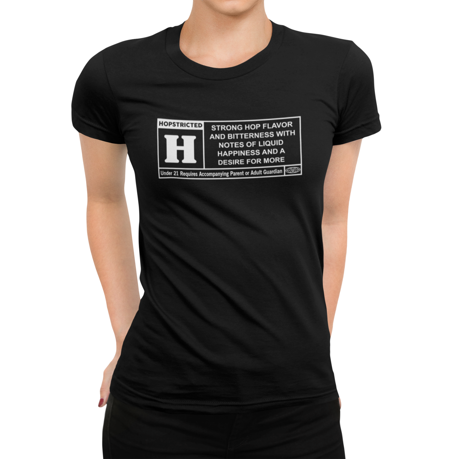 White label-style graphic with hop description on women's black tee