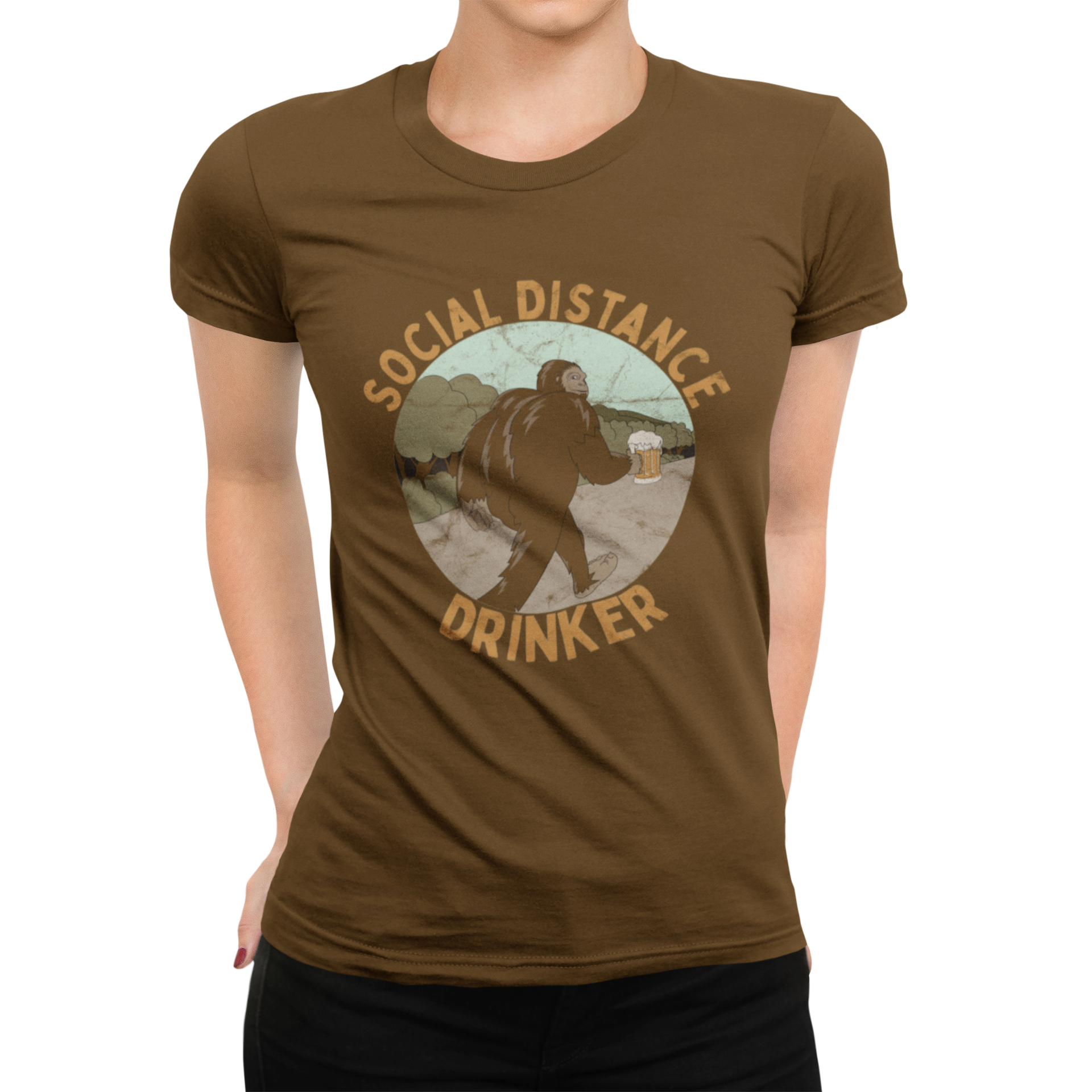 Women's cotton tee featuring Social Distance Drinker forest vignette