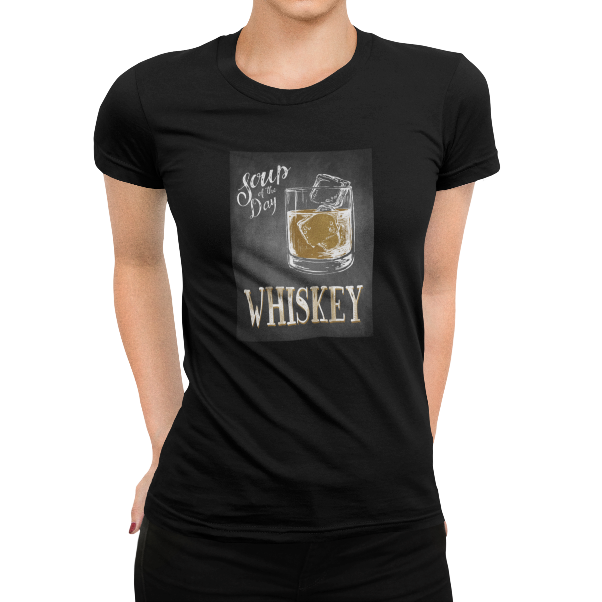 Front view of whiskey glass sketch and ‘WHISKEY’ block text on black fabric