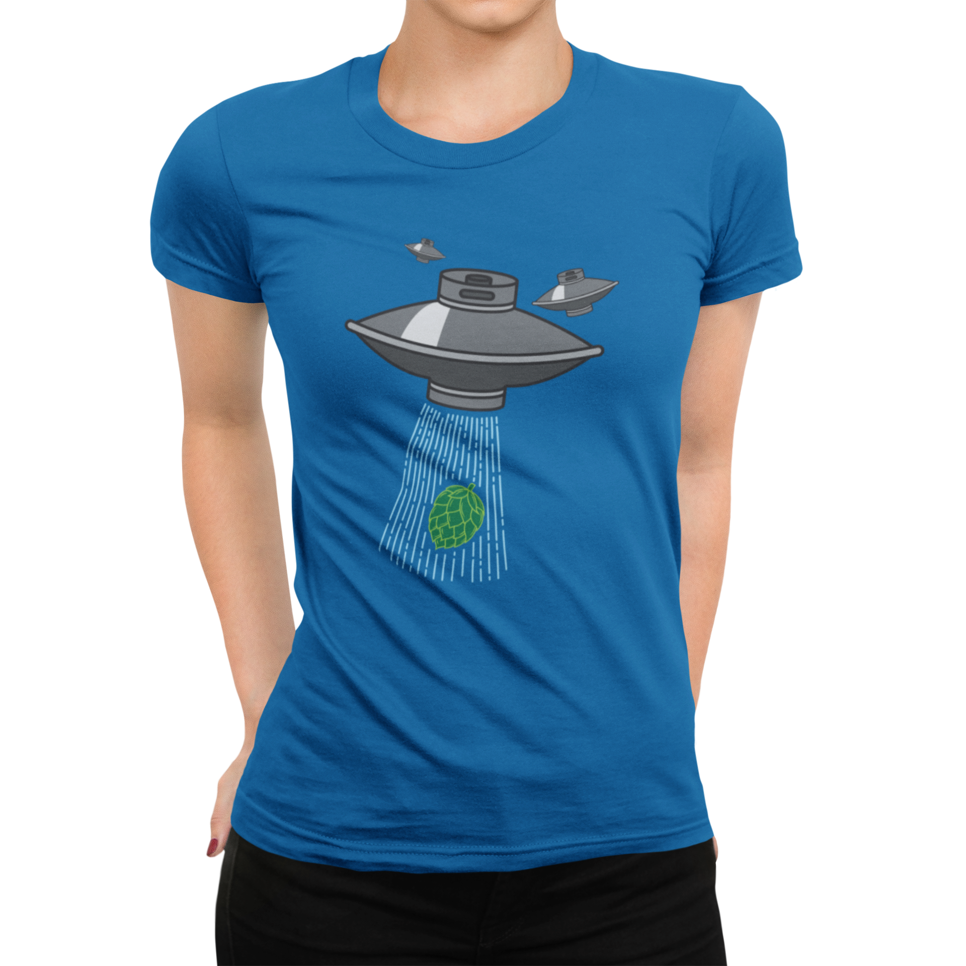 Front view of women's aqua-blue tee displaying hop-abducting spacecraft