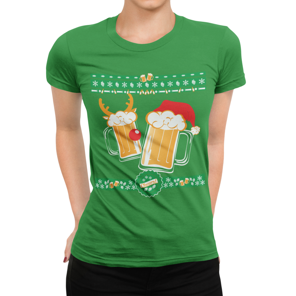 Women's ringspun cotton shirt featuring ugly-sweater beer Christmas design