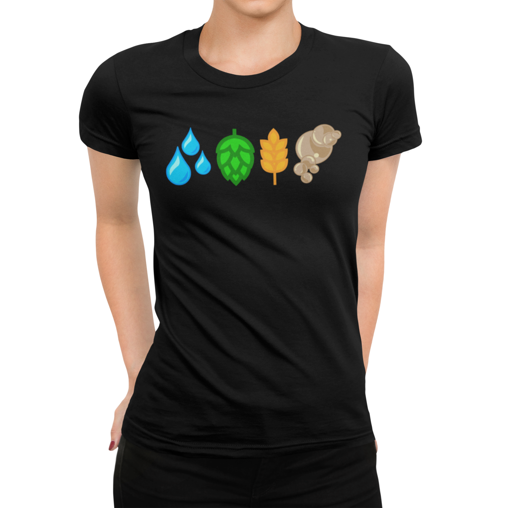 Black women's t-shirt with water droplet, hop cone, barley stalk, and yeast cluster icons