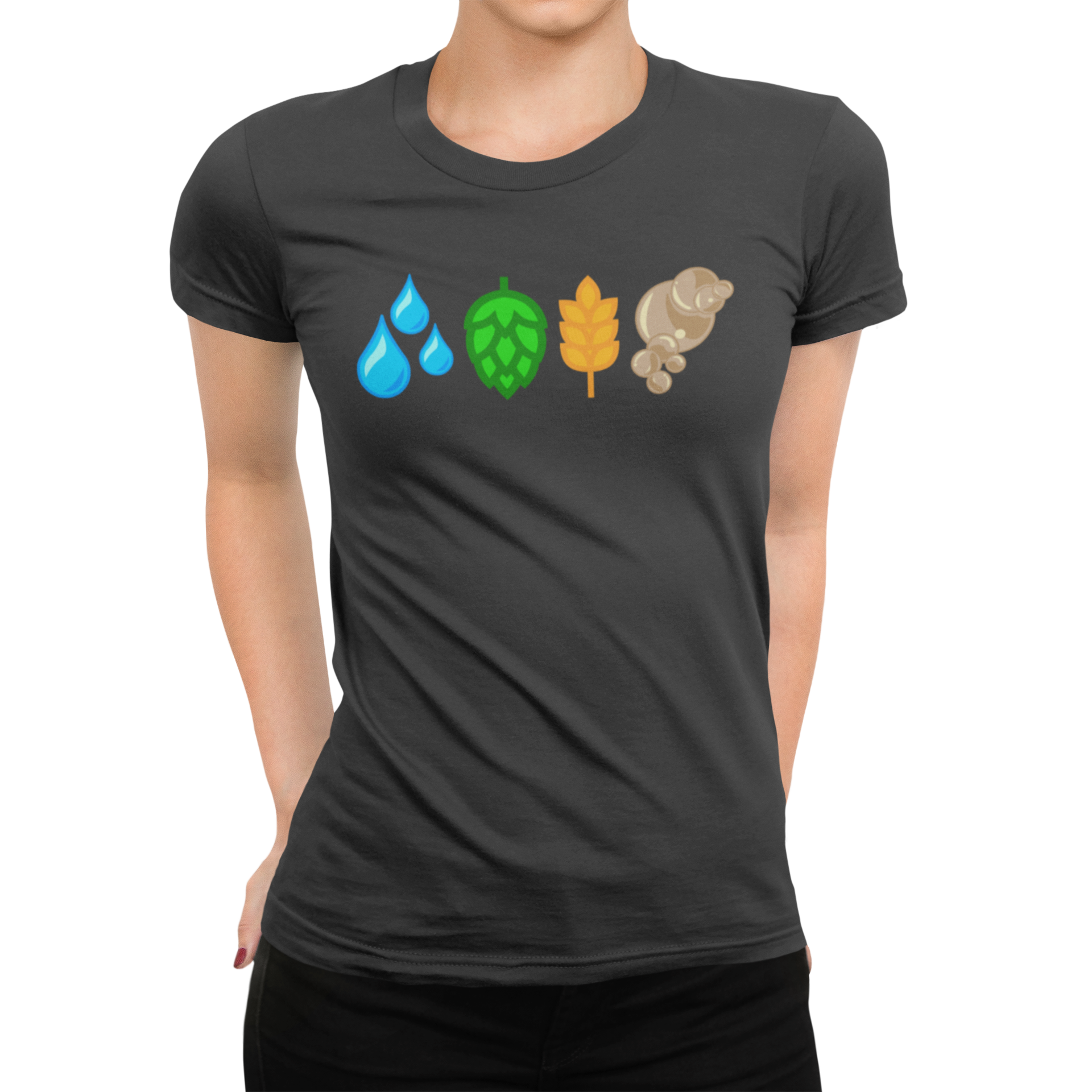Clean icon row of brewing elements on black, gray, and navy  women's t-shirts