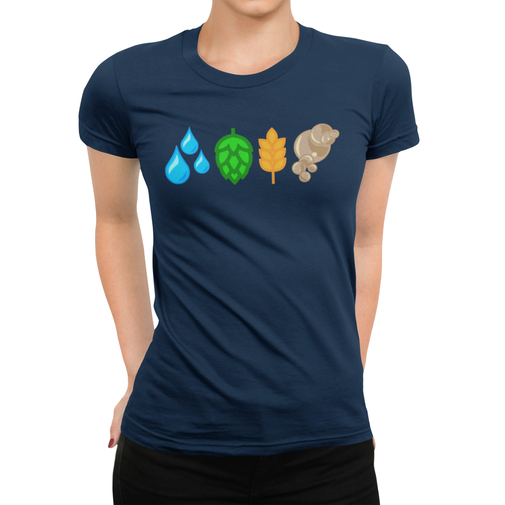 Caft beer manifesto tee listing H₂O, hops, grain, and yeast symbols