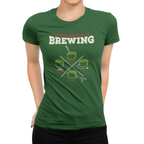 Front view of women's green brewing tee showcasing four heating methods