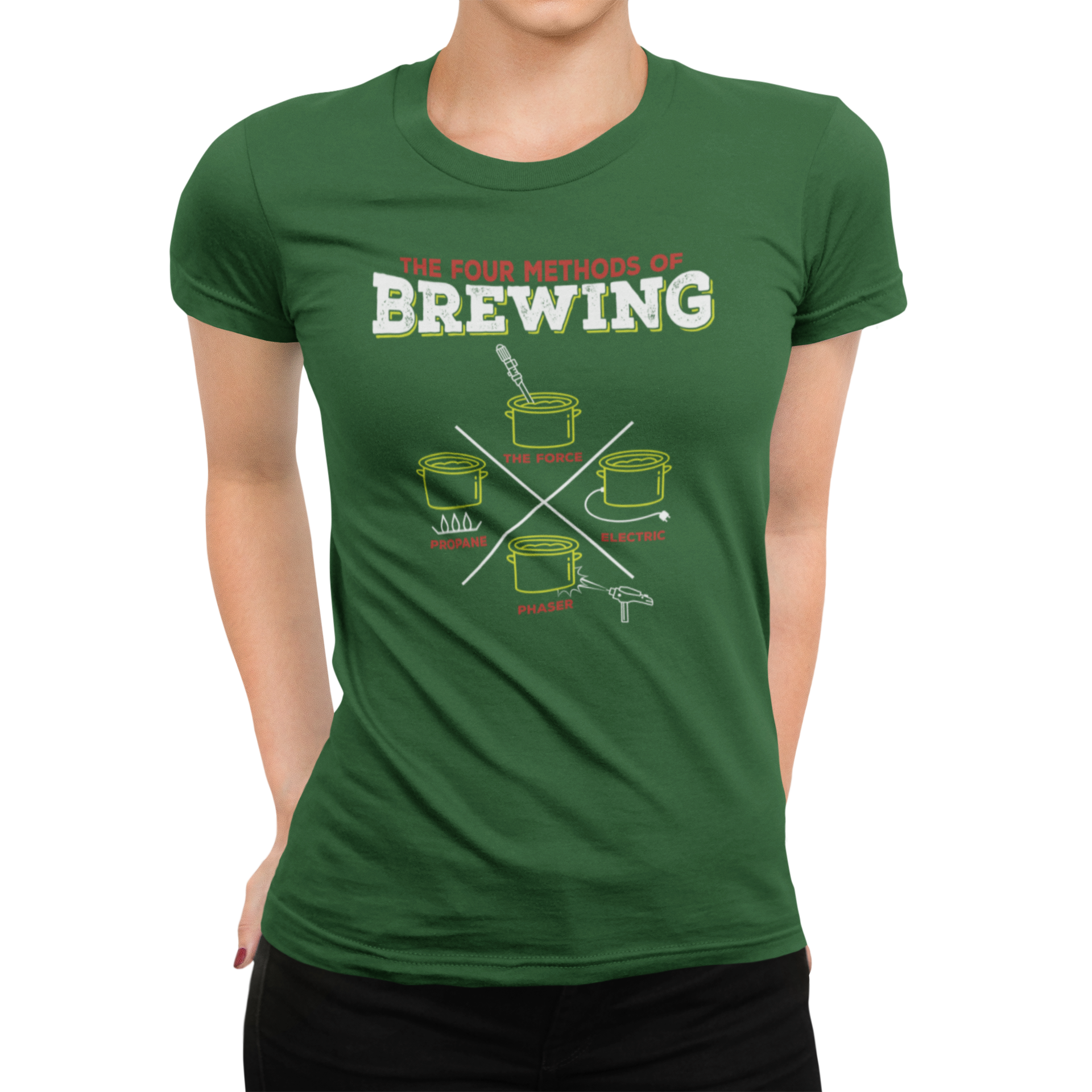 Front view of women's green brewing tee showcasing four heating methods