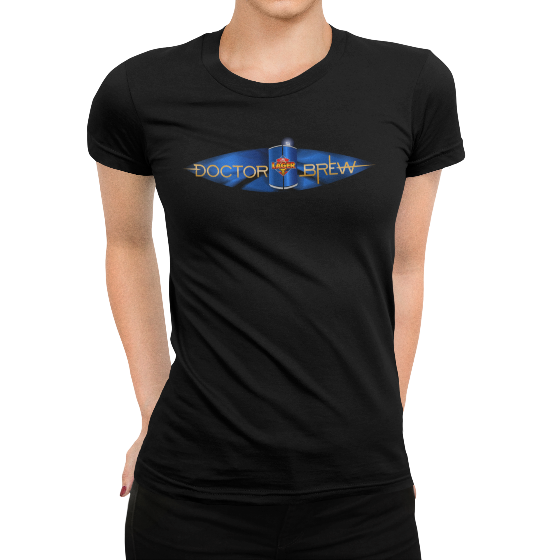 Beer can TARDIS parody tee for sci-fi and beer fans