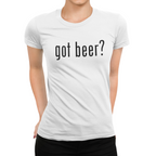 Simple white t-shirt featuring got beer? retro text