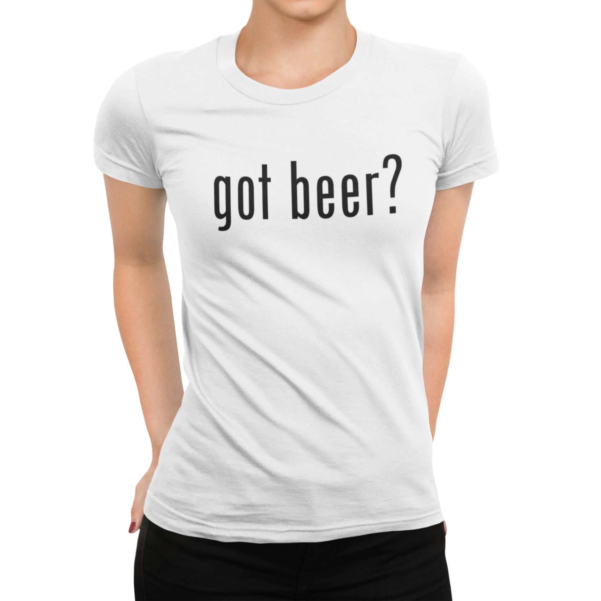 Simple white t-shirt featuring got beer? retro text