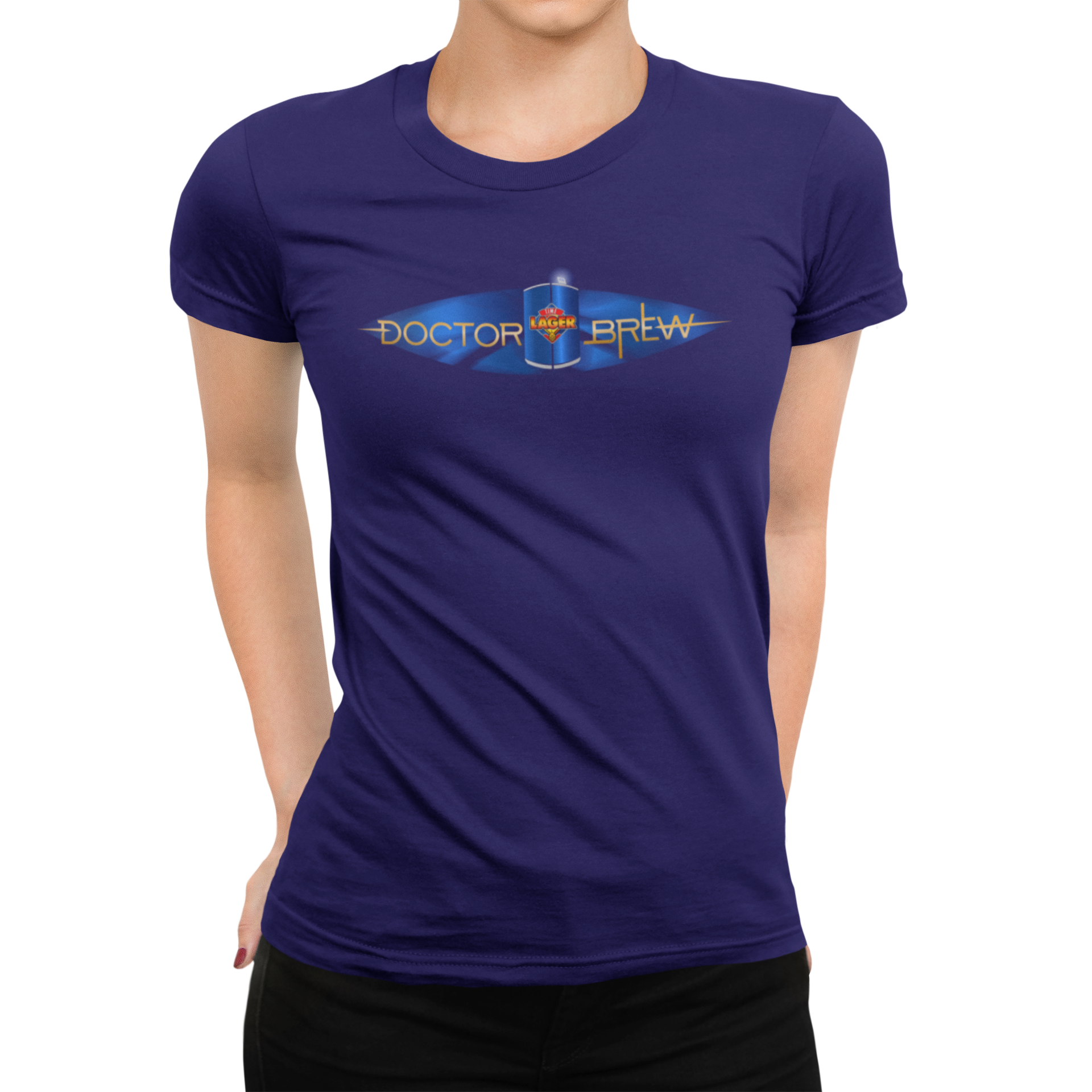 Navy women's t-shirt with Doctor Brew and stylized lager can graphic