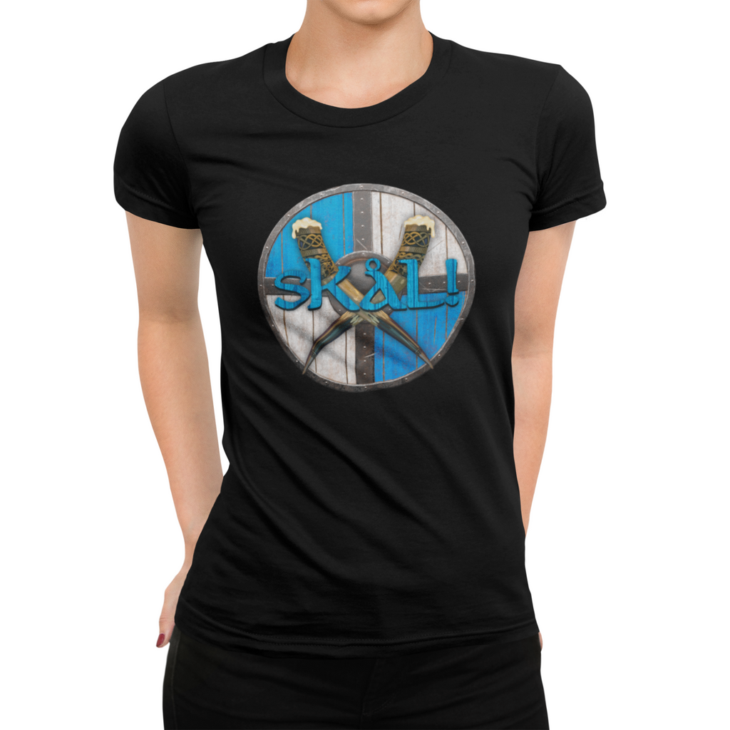 Women's Viking-inspired beer shirt with shield emblem and horn cheers graphic