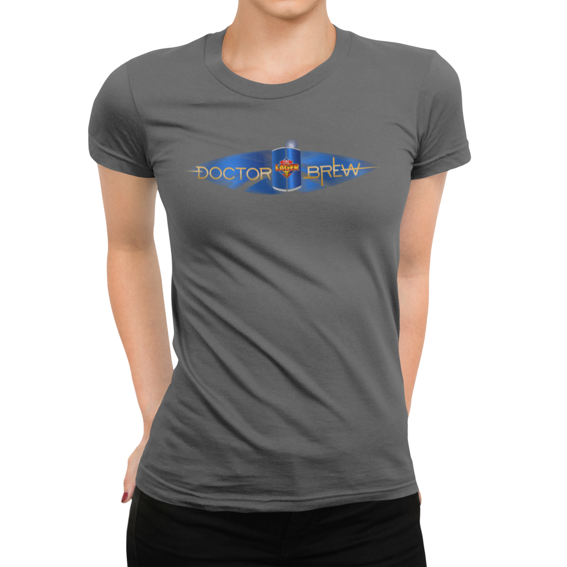 Grey Doctor Brew shirt with gold text and time-traveling beer vibe