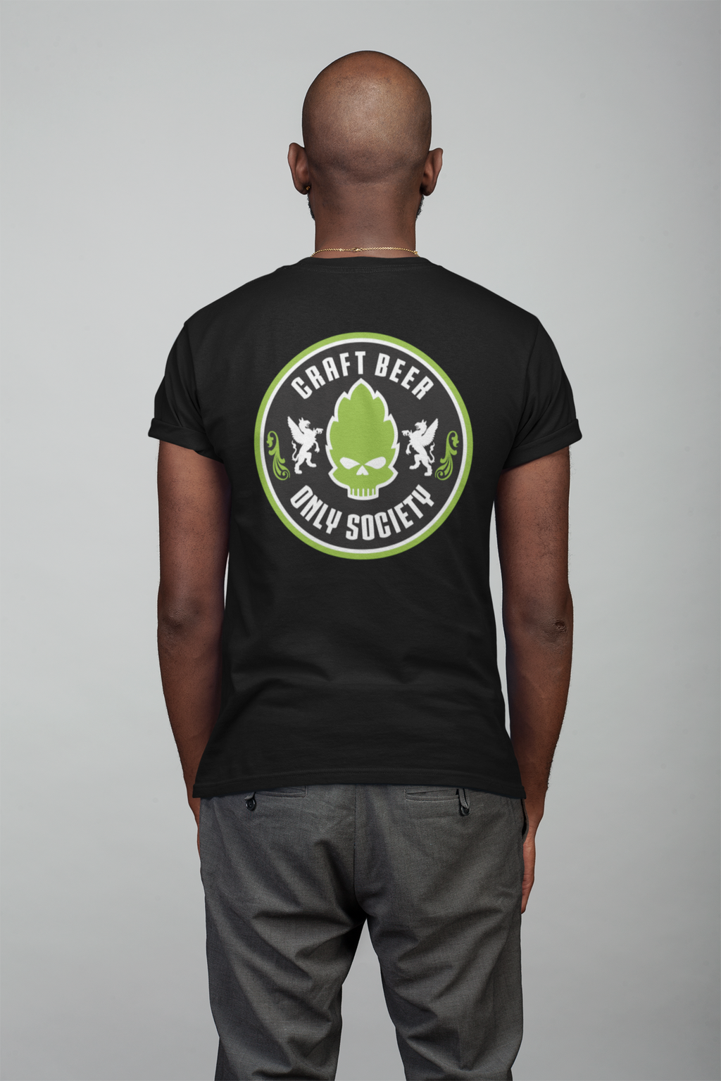 Back of shirt featuring Craft Beer Only Society circle emblem