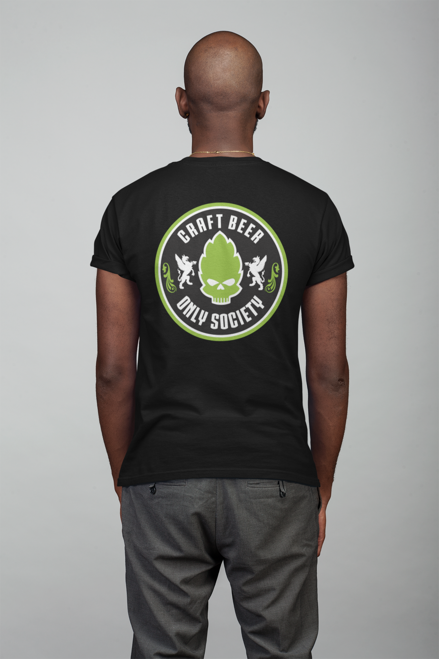 Back of shirt featuring Craft Beer Only Society circle emblem