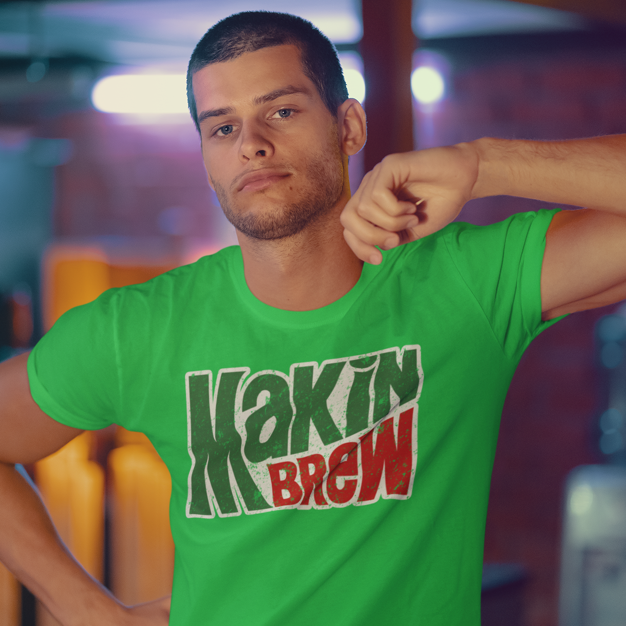 Bold block text tee mimicking classic soda branding
