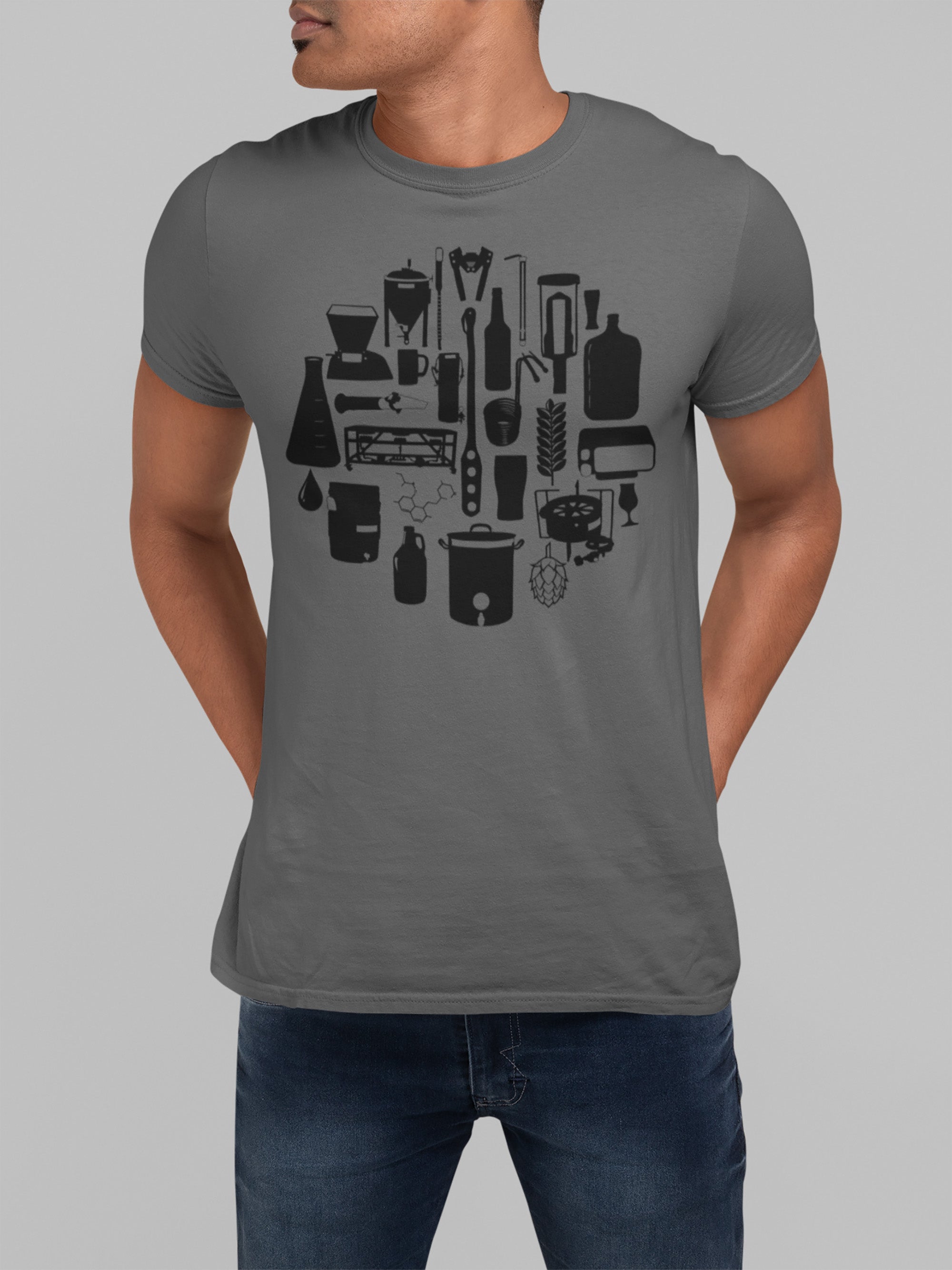 Front view of homebrew tools diagram on light gray t-shirt