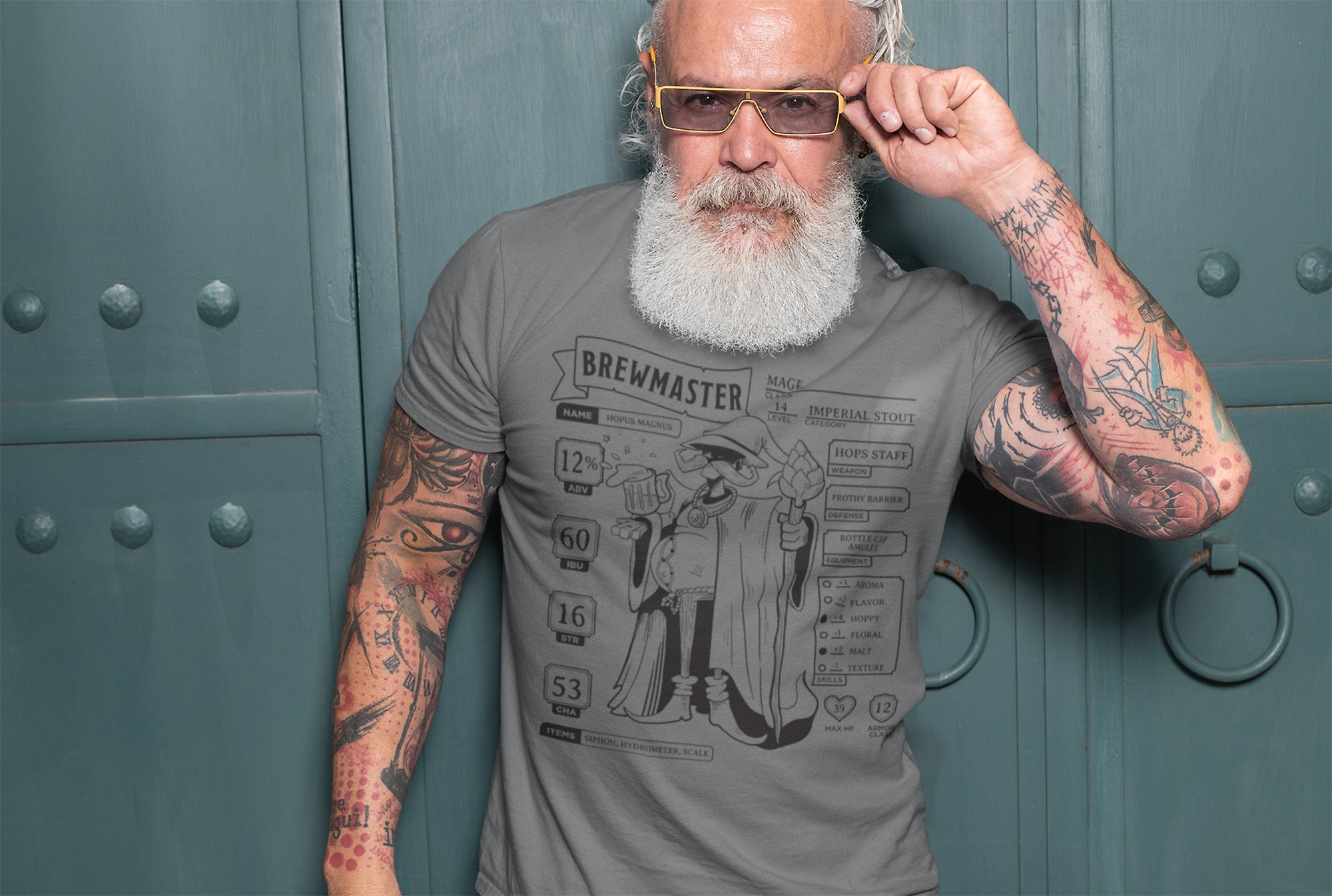 Front view of Brewmaster Character Sheet T-shirt, perfect for homebrewers and gamers