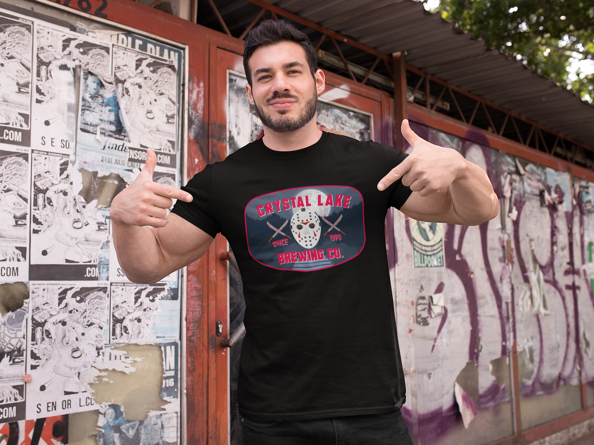 Front view of horror beer shirt with hockey mask and knife graphics