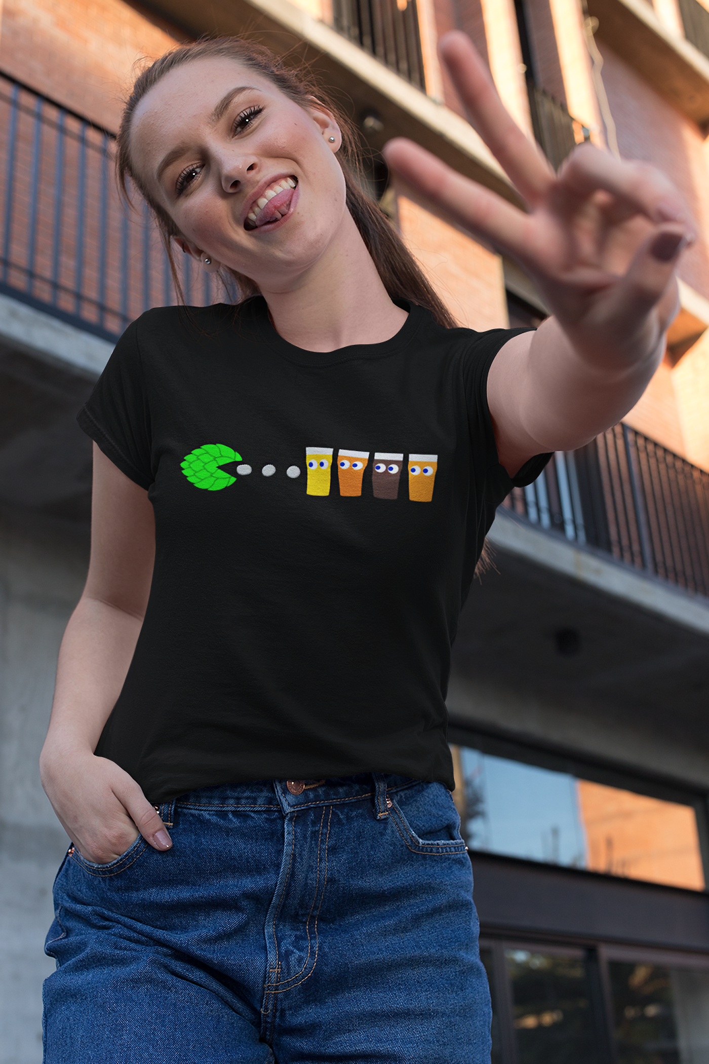 Hop cone character chasing beer mugs on retro-themed shirt