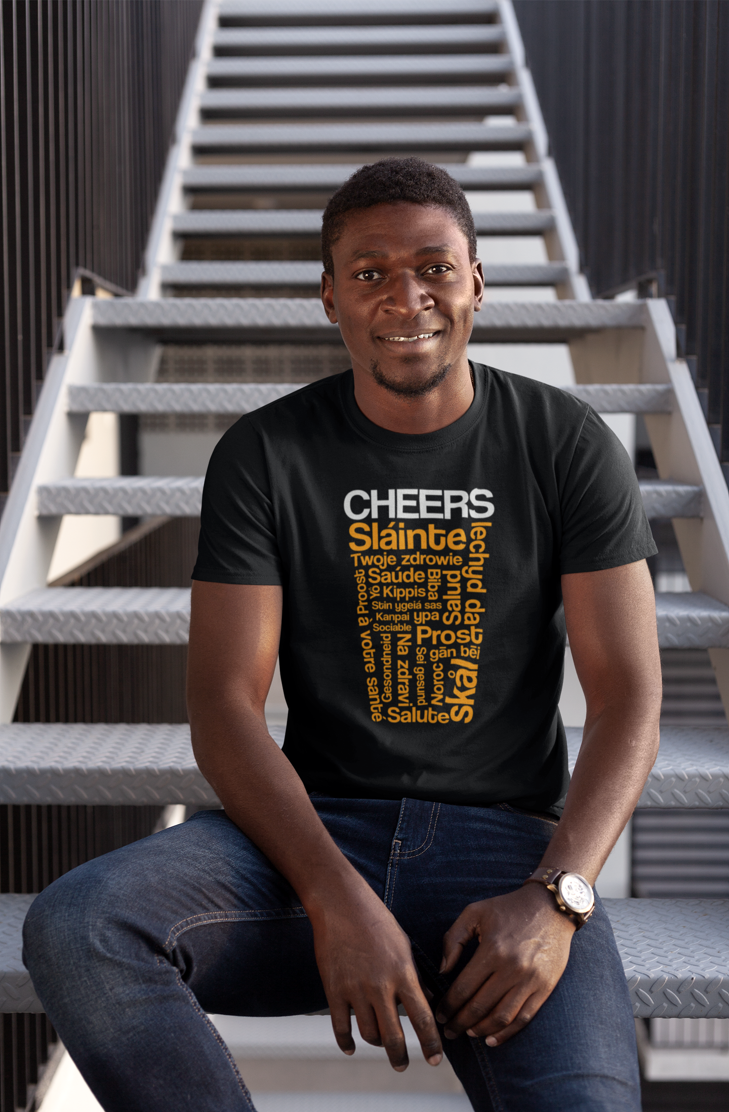 Craft beer t-shirt featuring cheers in global languages shaped like pint glass