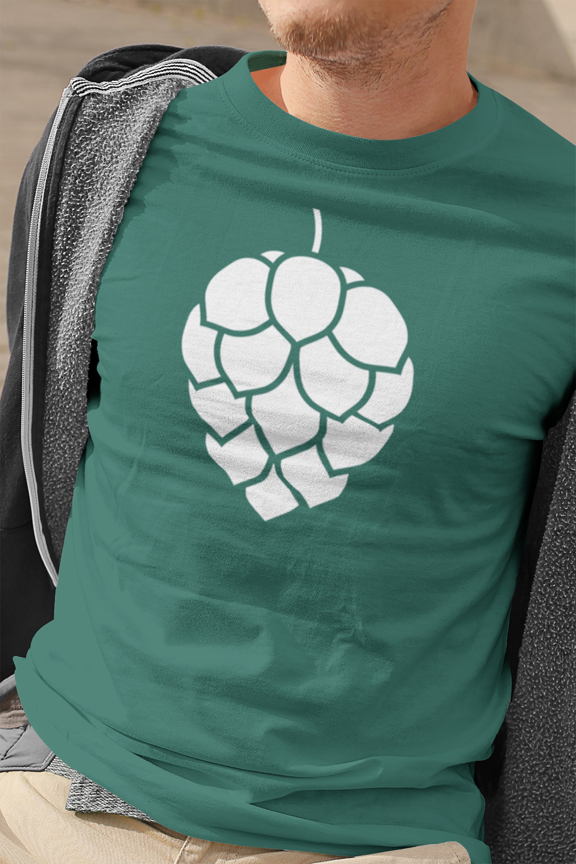 Bold white hop cone graphic on green shirt for beer enthusiasts