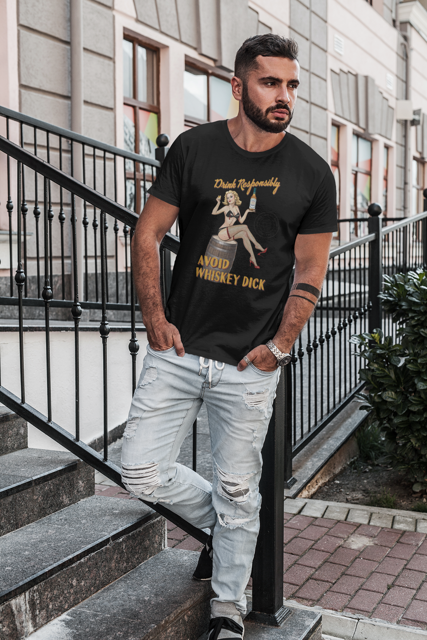 Pin-up graphic tee with humorous whiskey warning text
