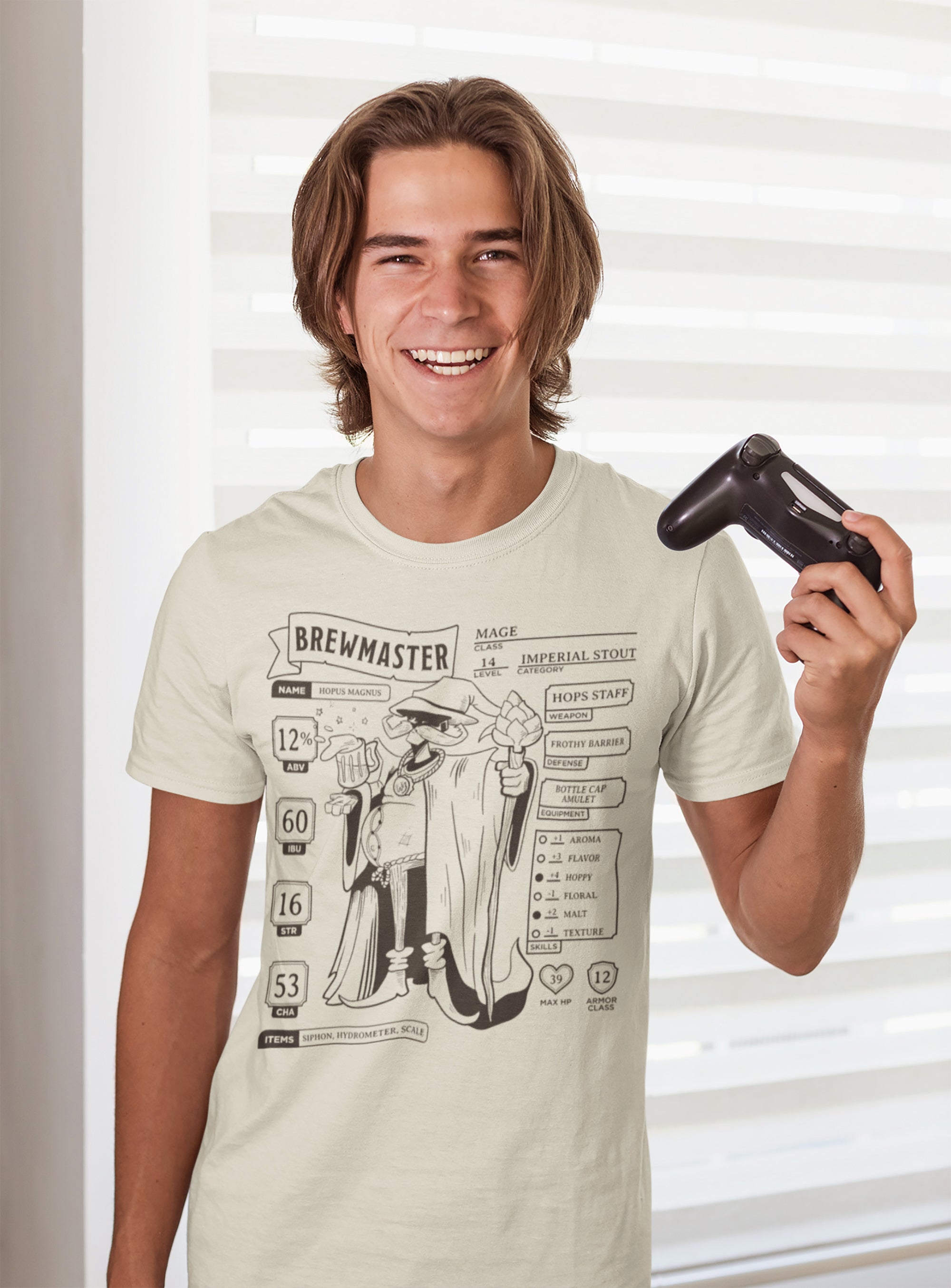 Short-sleeve black T-shirt with tabletop role-playing character sheet for brewers