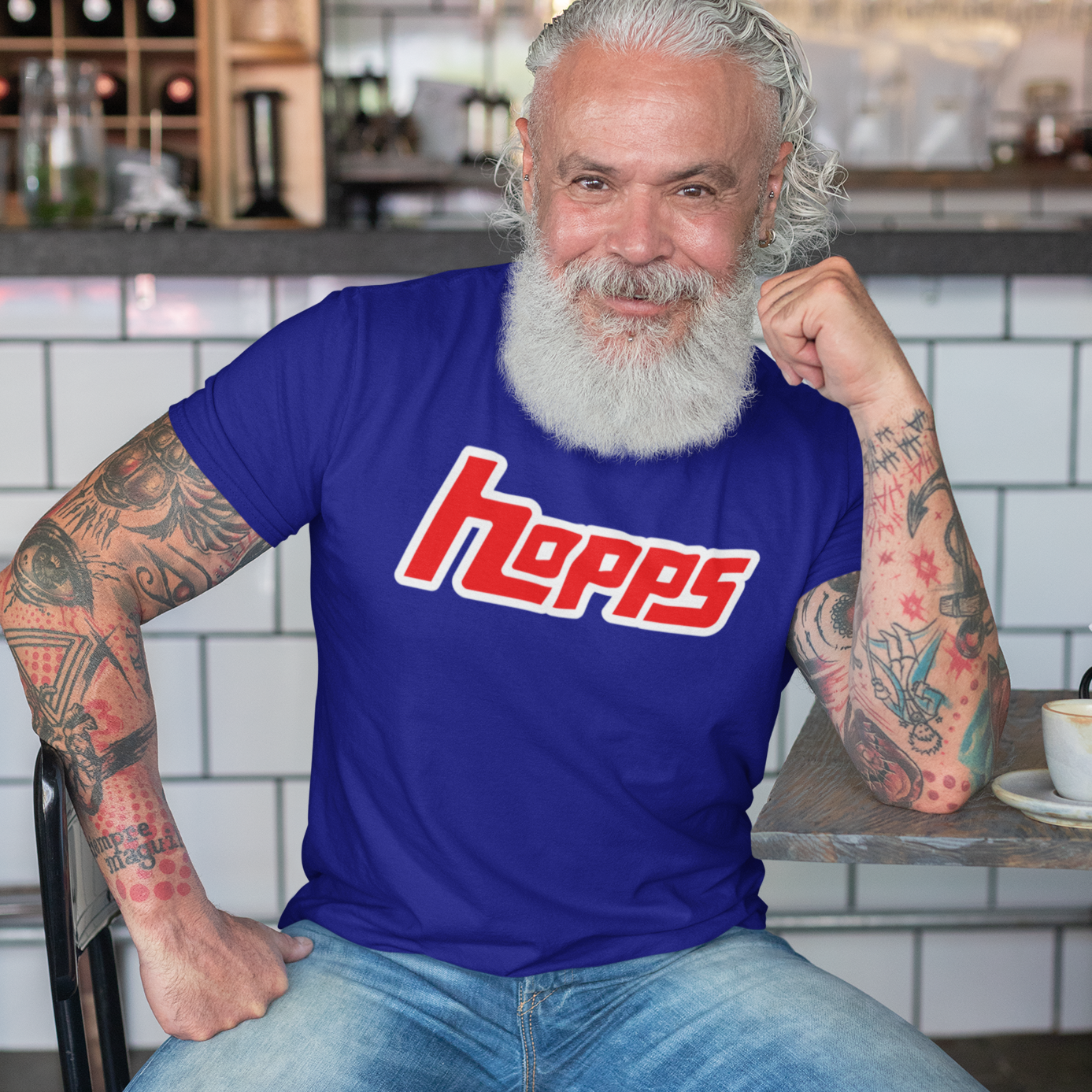 Homebrewing tee with Hopps logo in Topps card font on blue, gray, or black