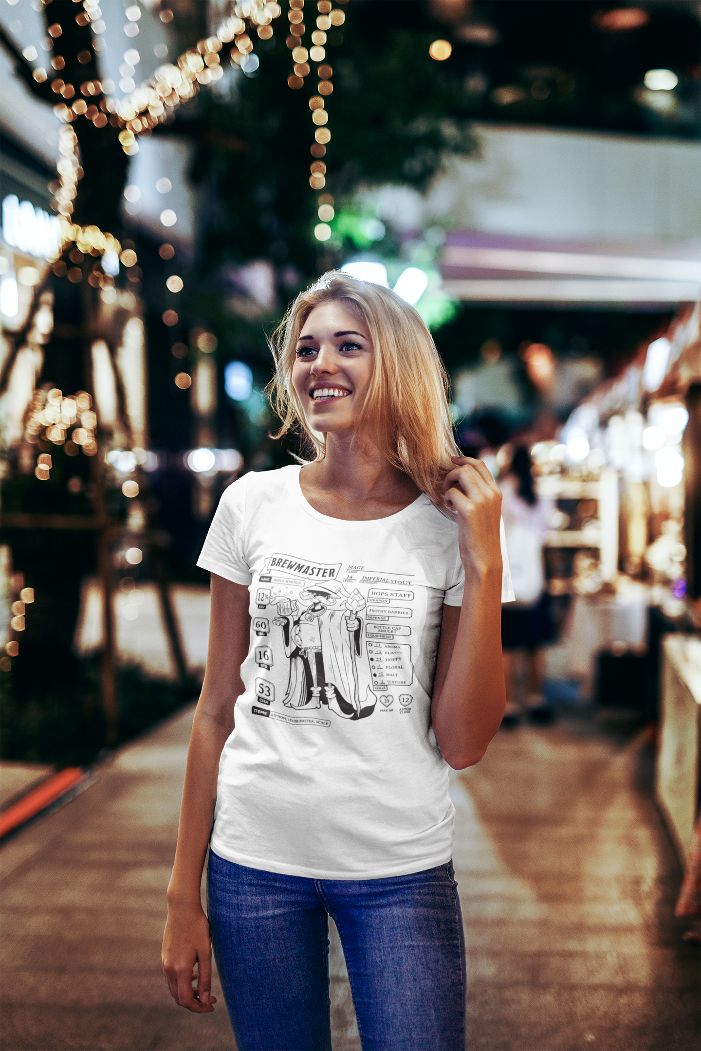 Casual women’s T-shirt merging homebrewing humor with tabletop gaming nostalgia