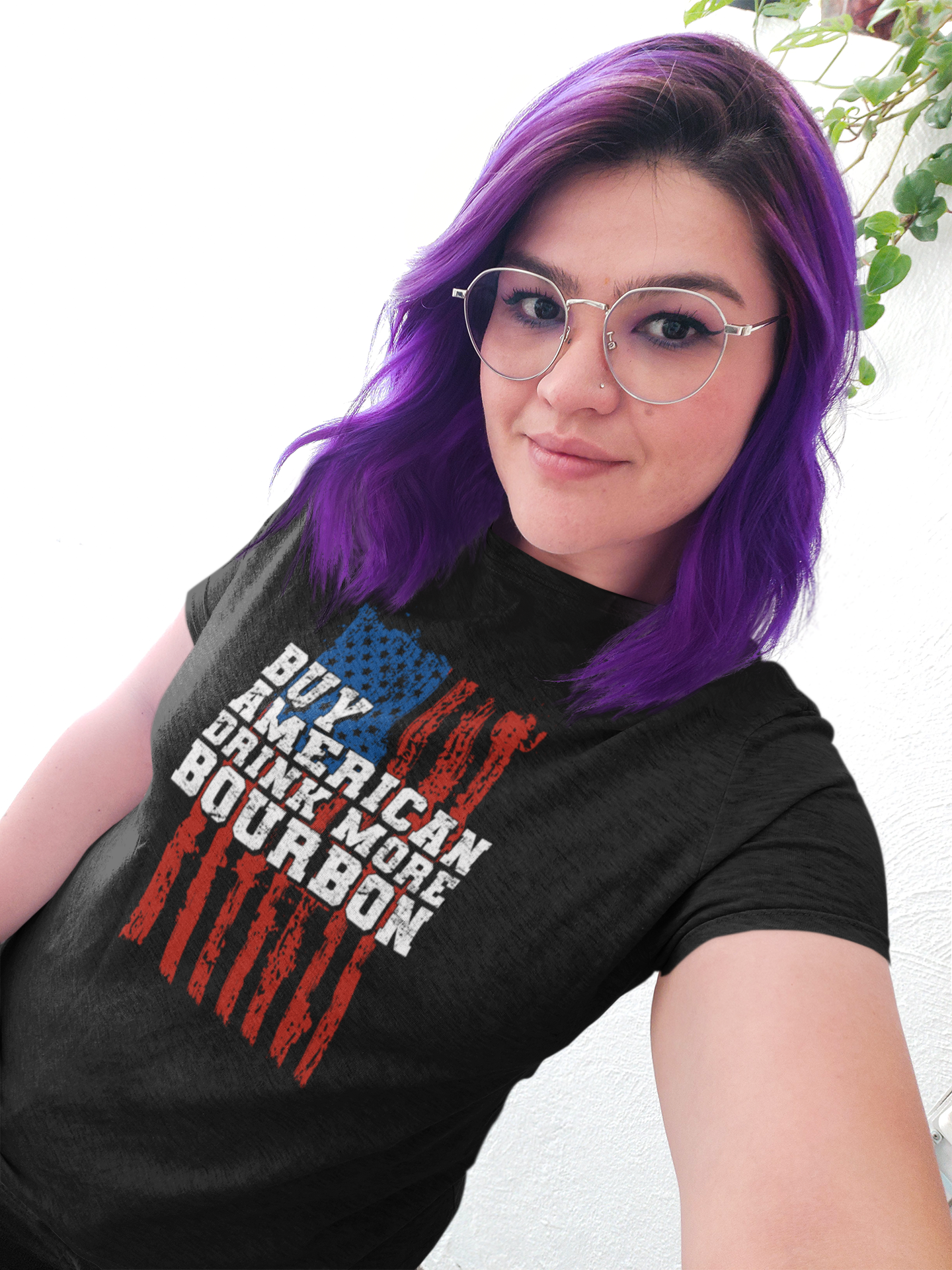 Black T-shirt with Buy American Drink More Bourbon message in white