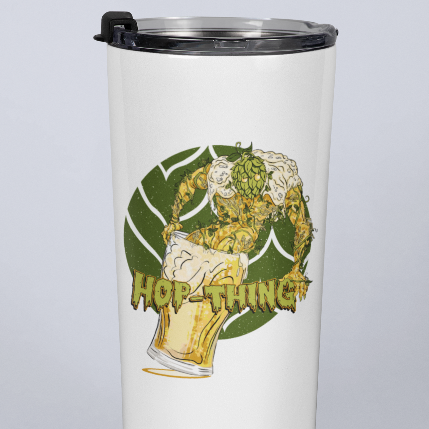 20oz stainless steel travel mug with Hop-Thing hop monster climbing out of beer