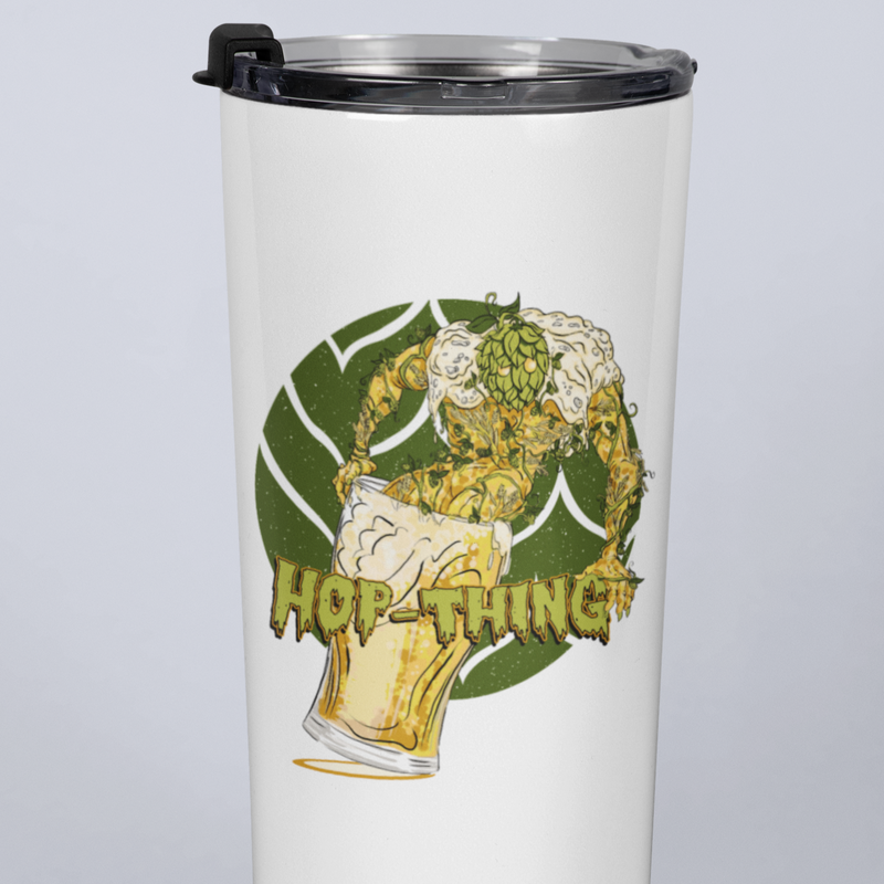 20oz stainless steel travel mug with Hop-Thing hop monster climbing out of beer